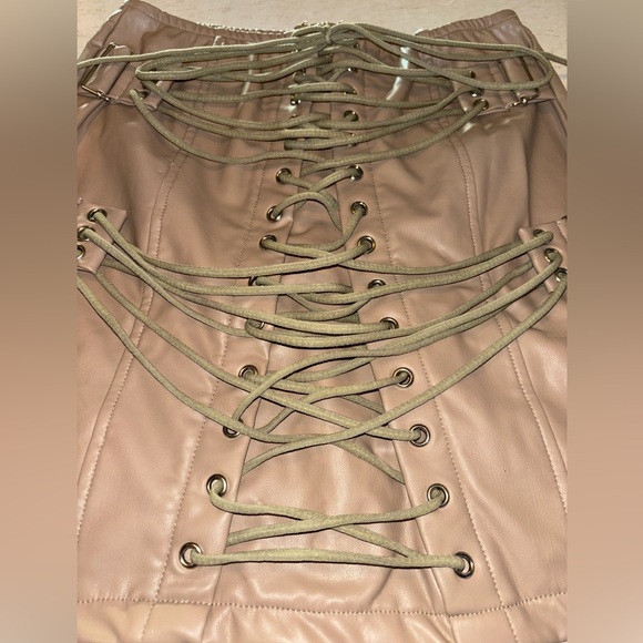 Faux Leather Lace-Up Mini Skirt | Taupe Corset Style w/ Olive Green Lacing - Picture 3 of 6